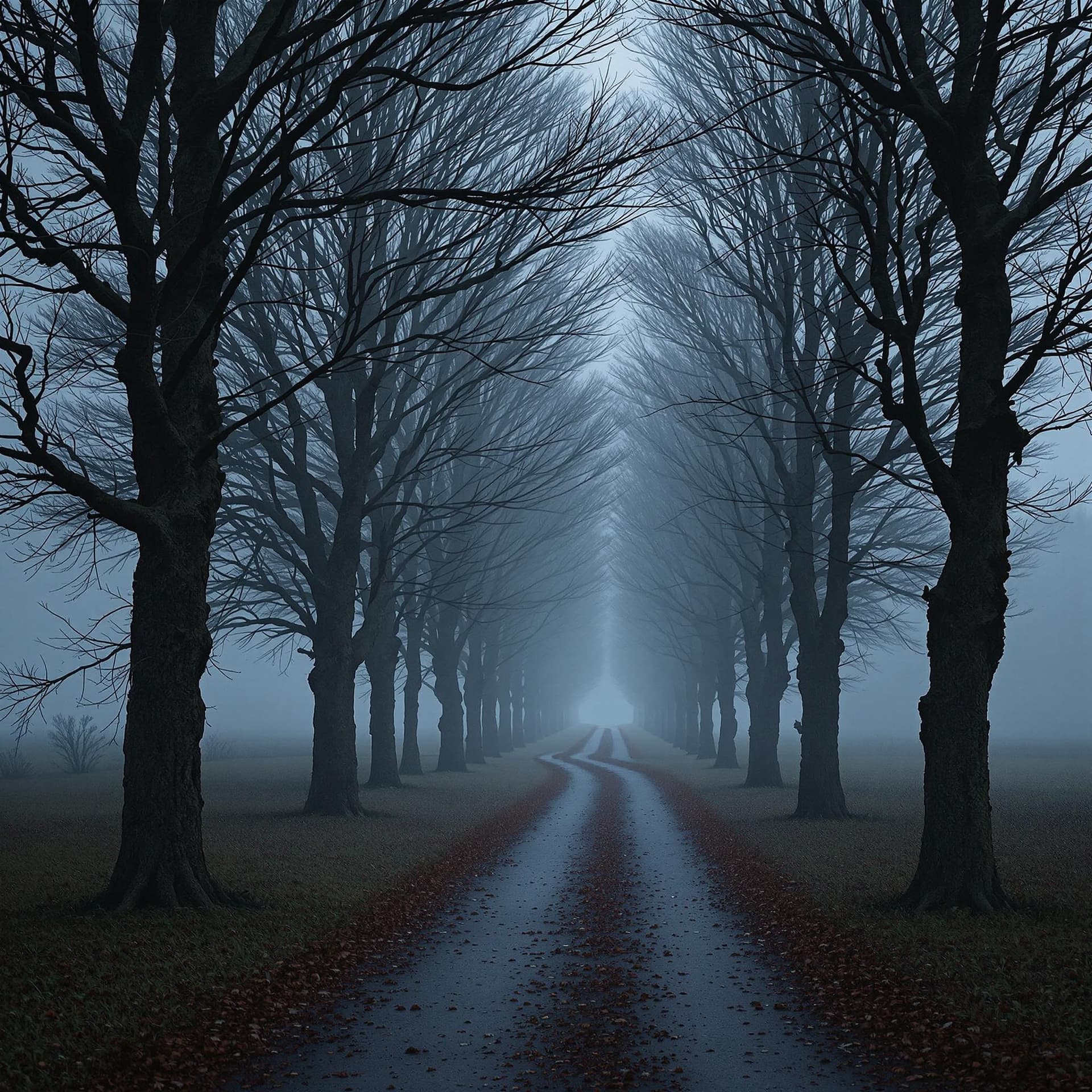 AI generated: High resolution photography trail of trees. dark gray and blue, mist, moody,gloomy, hi resolution 8k...