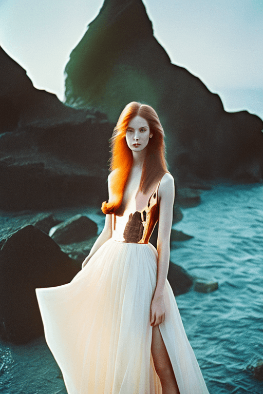 AI generated: copper long hair woman in a an elegant luxury dress designed by Dior, standing on the shore, film ph...