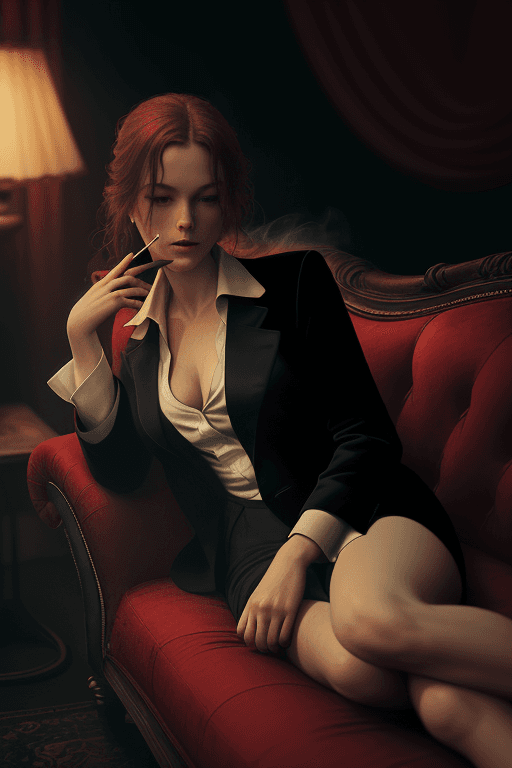 AI generated: photography, dimly lit room with a hazy atmosphere, capturing a female figure lounging on a deep cri...