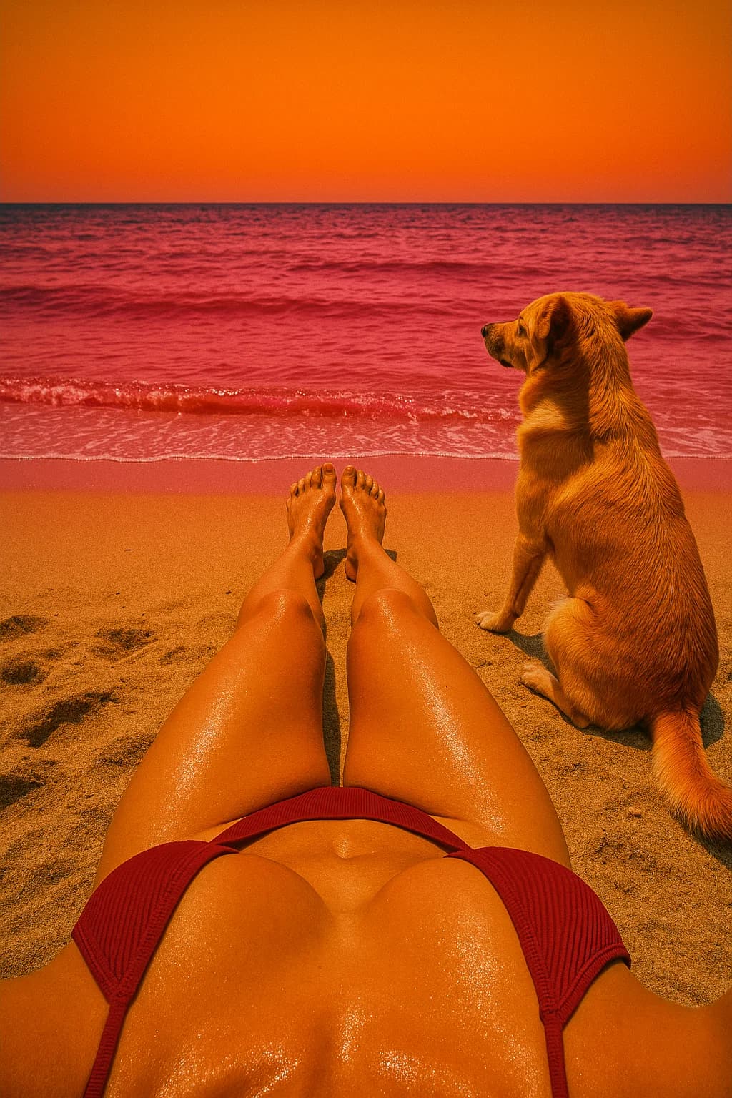 AI generated: revealing first person dècoletèe down point of view of a woman you can see her feet relaxing o the b...