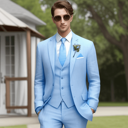 AI generated: Caption: "A light and breezy blue linen suit is perfect for a summertime outdoor wedding. It's cool ...