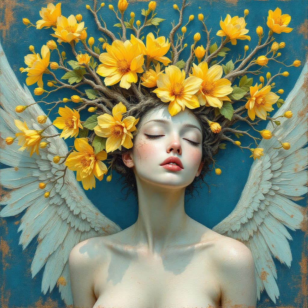 AI generated: Figurative art piece. Medium shot. Faceless Fallen Angel with bosoms and sculptural hair turban of i...