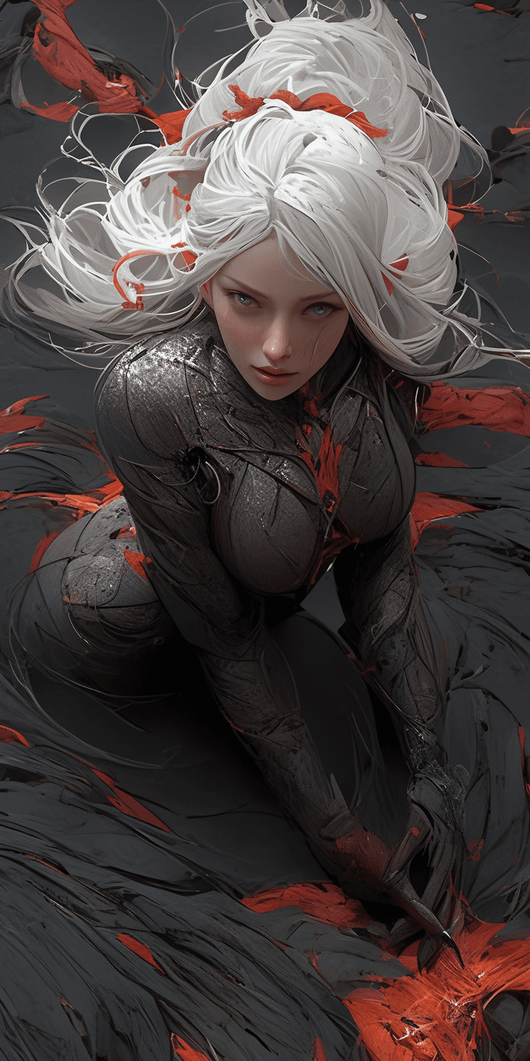 AI generated: top view photography of gorgeous metawoman, white hair and red eyes, emerging from lava in shimmerin...
