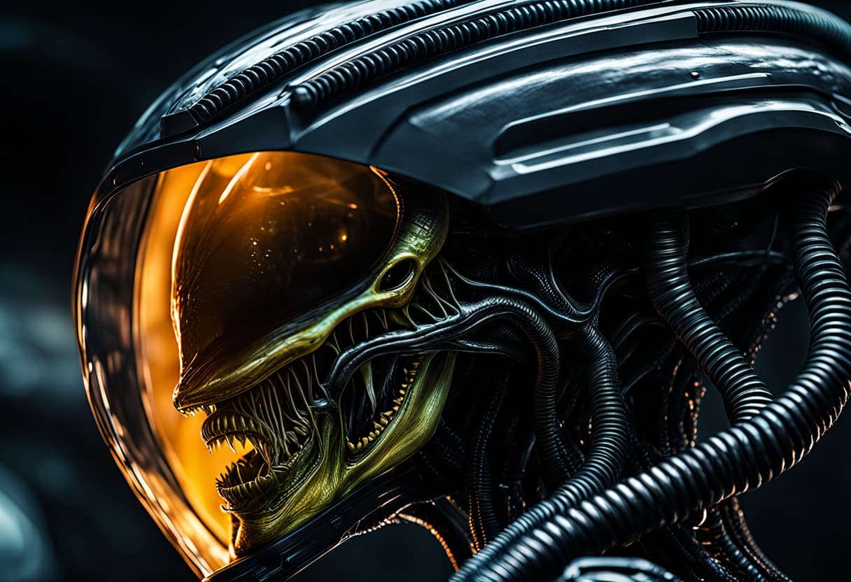 AI generated: Cinematic portrait photo, close up, multi-textured black cinematic alien xenomorph, iconic environme...