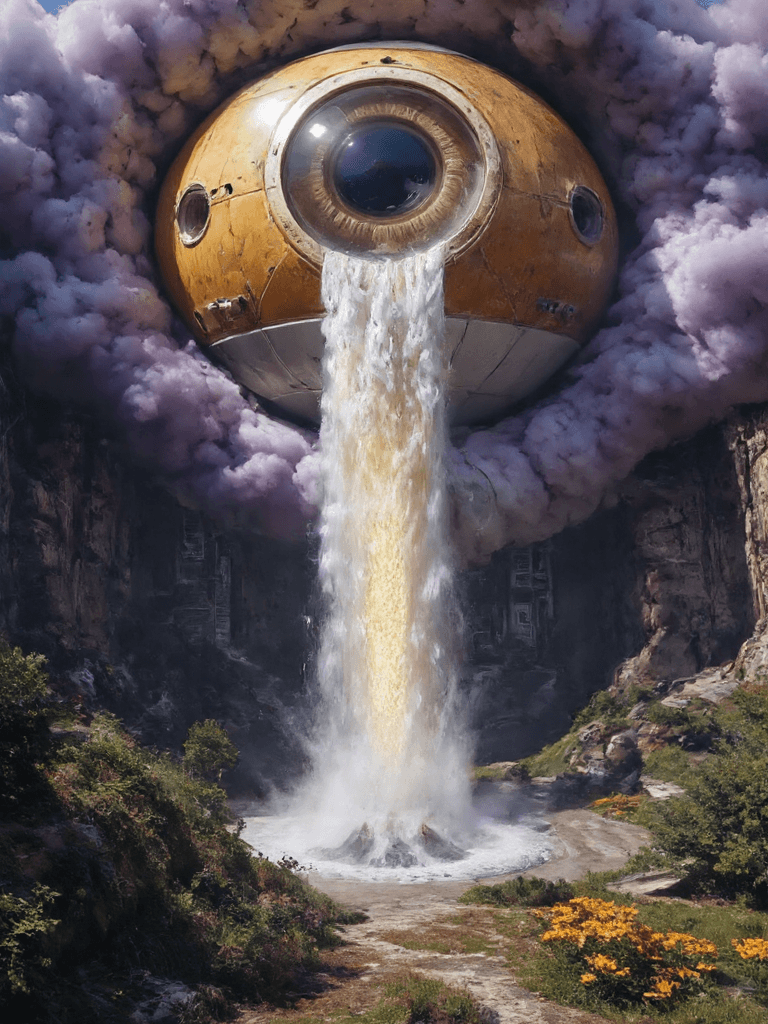 AI generated: A massive, living eye, hundreds of meters across (1.5), floats in the restless sky, its organic surf...