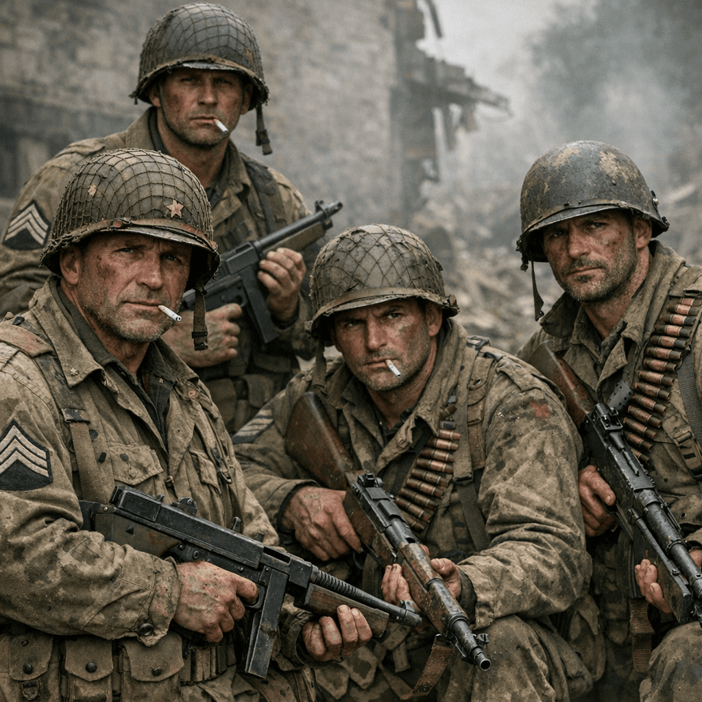 AI generated: imagine a veteran battlehardened elite squad of 4 among with a veteran sgt Smith. All soldiers of us...