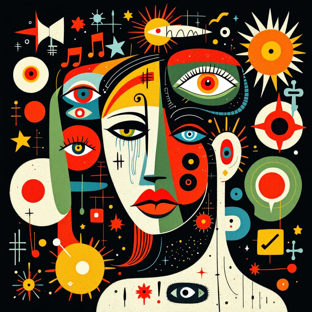 AI generated: Abstract vector illustration of various psychadelic symbols,   and real life fantasy characters, inc...