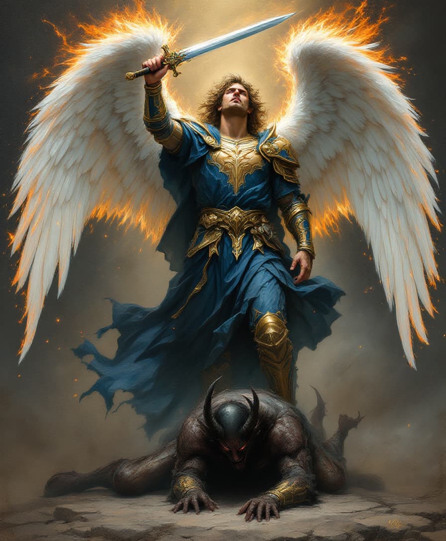 AI generated: Stunning oil painting of the Archangel Michael holding a sword in the air, wearing blue and gold arm...
