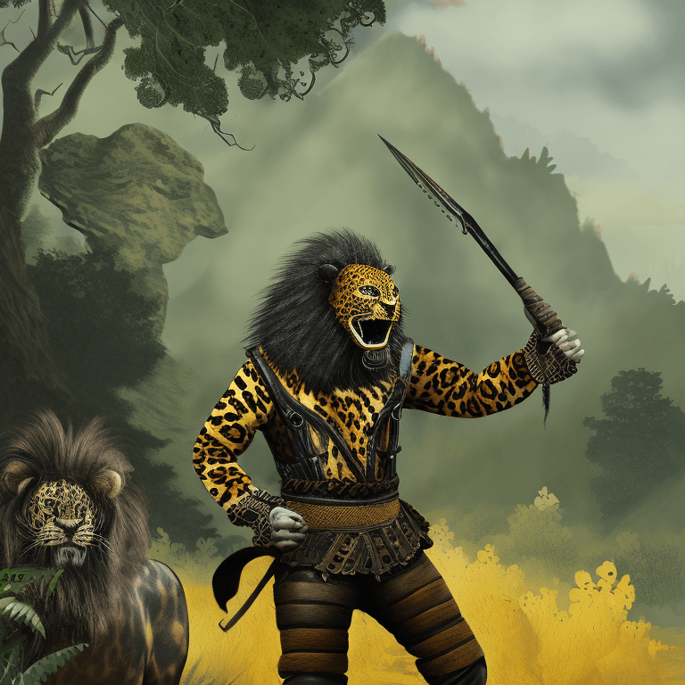 AI generated: jaguar warrior with a wooden mask of yellow, black and a hint of red, in a combat suit made of abund...