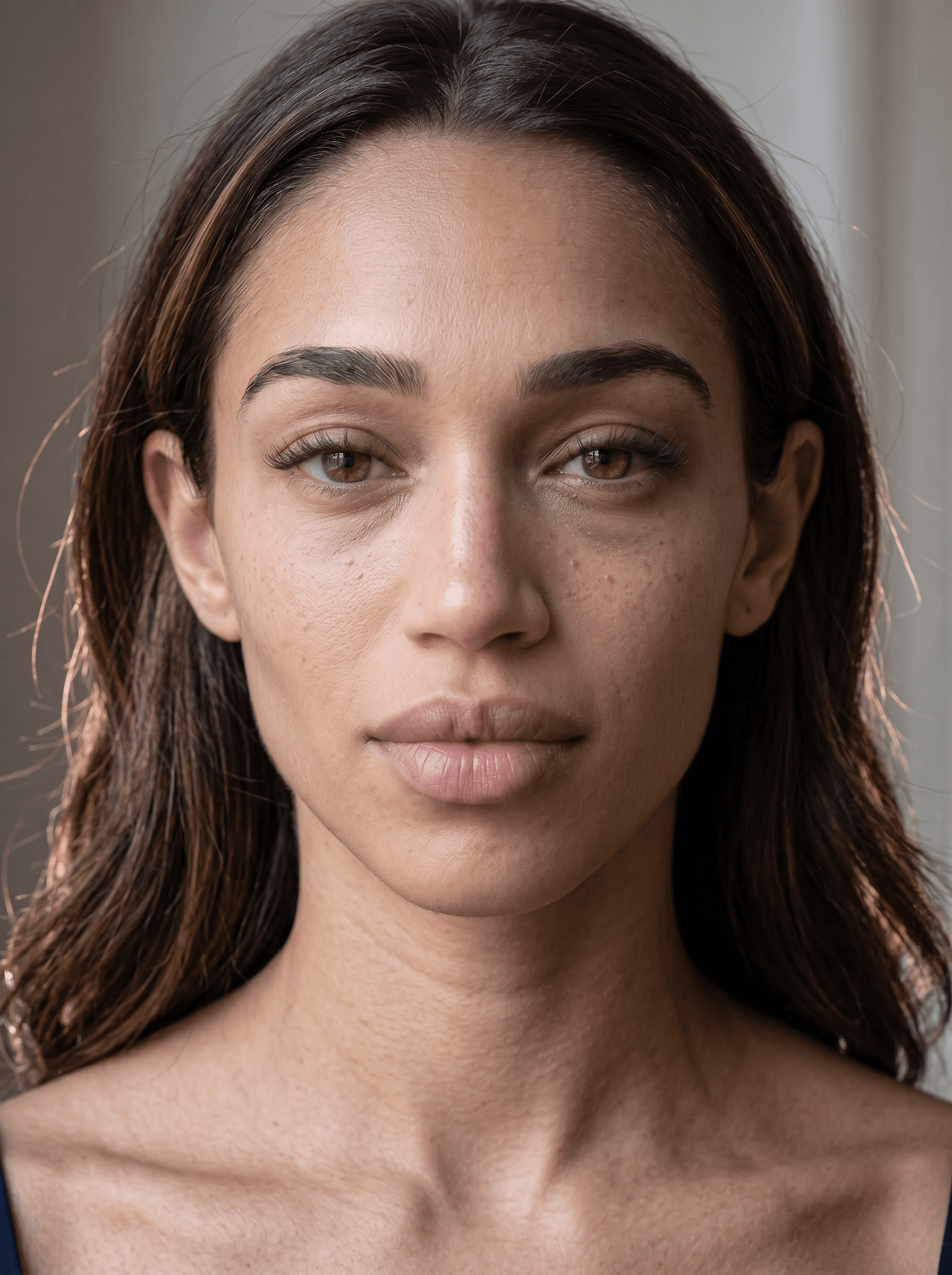 AI generated: micro-texture detail visible on forehead chin and upper lip area, natural skin redness variation aro...