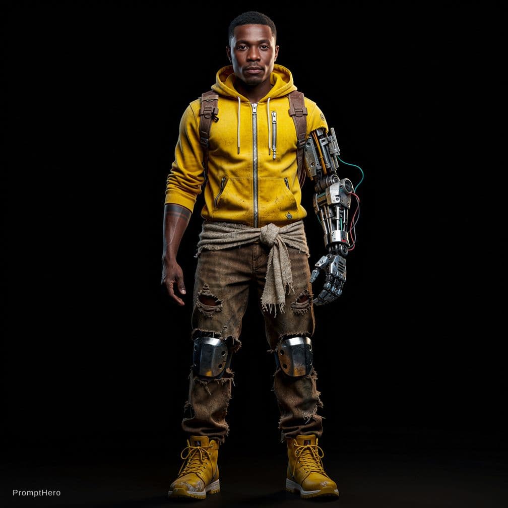 AI generated: futuristic character blending advanced technology with traditional, rugged clothing. The black backg...