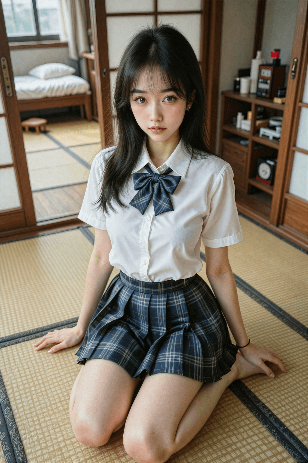 AI generated: A highly detailed, photorealistic, cinematic high-angle medium shot of a beautiful young East Asian ...
