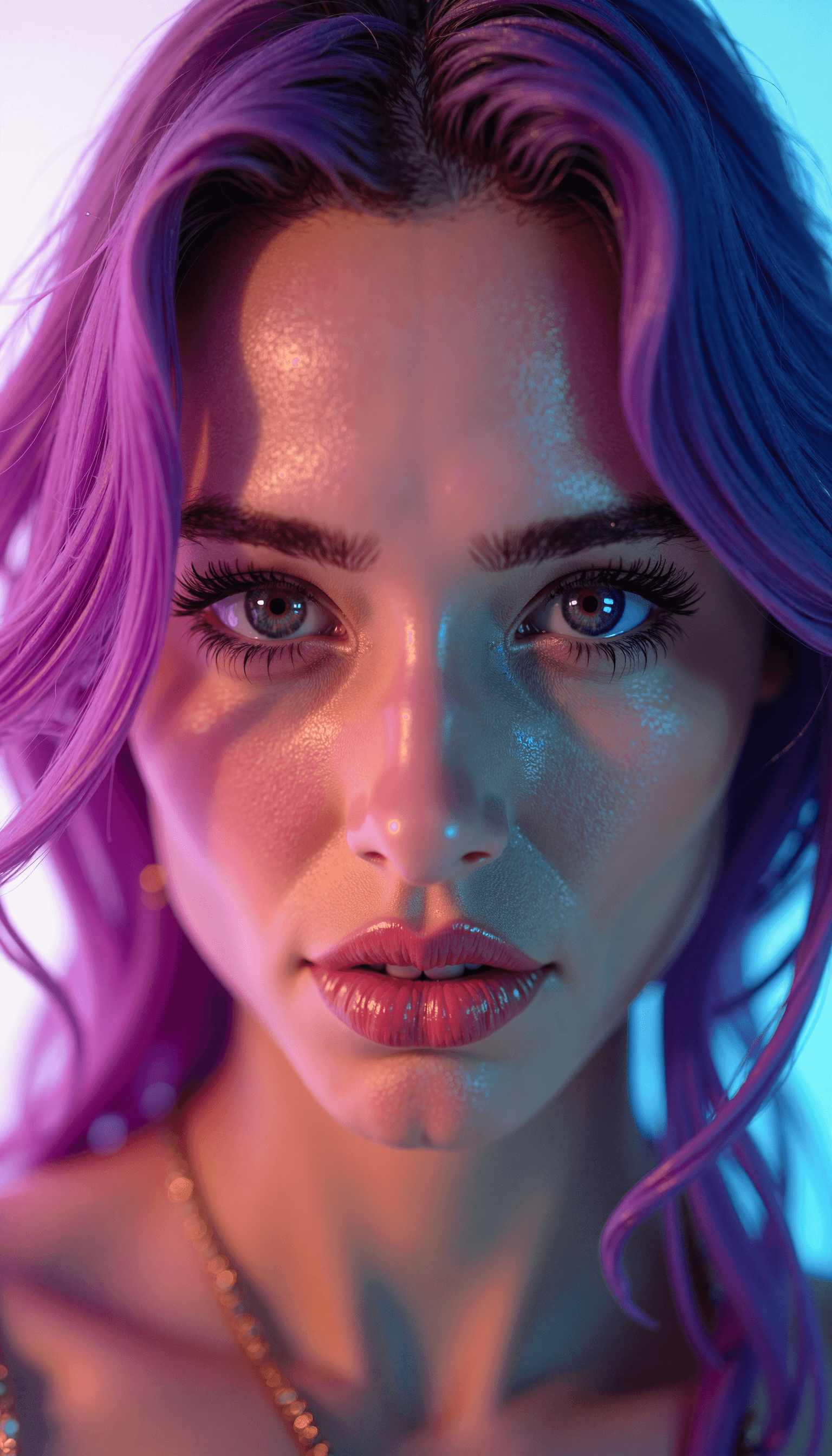 AI generated: A close-up portrait of a woman with vibrant purple hair, captured in ultra-realistic 8K resolution u...
