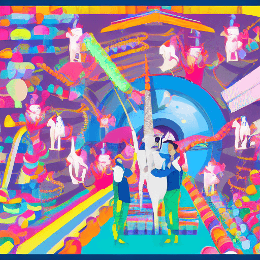 AI generated: Collage style illustration of Willy Wonka's candy factory with unicorn workers. 