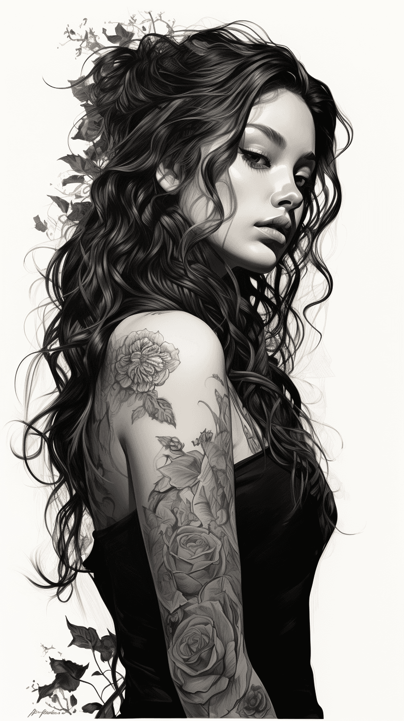 AI generated: black and white portrait of a woman having long hair and a tattoo on her arm, in the style of oliver...