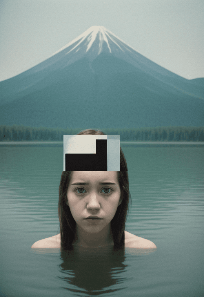 AI generated: sadness, infinite, lake, portrait, awaiting death, geometric abstract, Fuji film