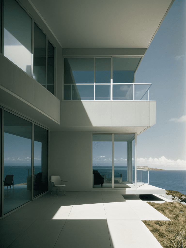 AI generated: Hyper realistic eye level exterior photo of a futuristic style house overlooking the ocean, daylight...