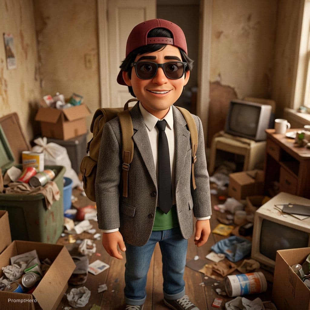 AI generated: A Pixar-style animated portrait of a young, quirky boy wearing a cap, sunglasses, a green t-shirt, j...
