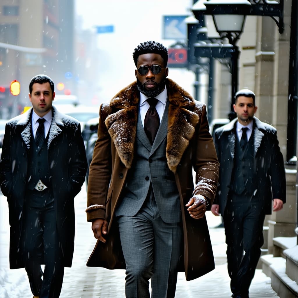 AI generated: A rich strong man, dressed in an expensive suit with fur, walking down the street in winter, accompa...