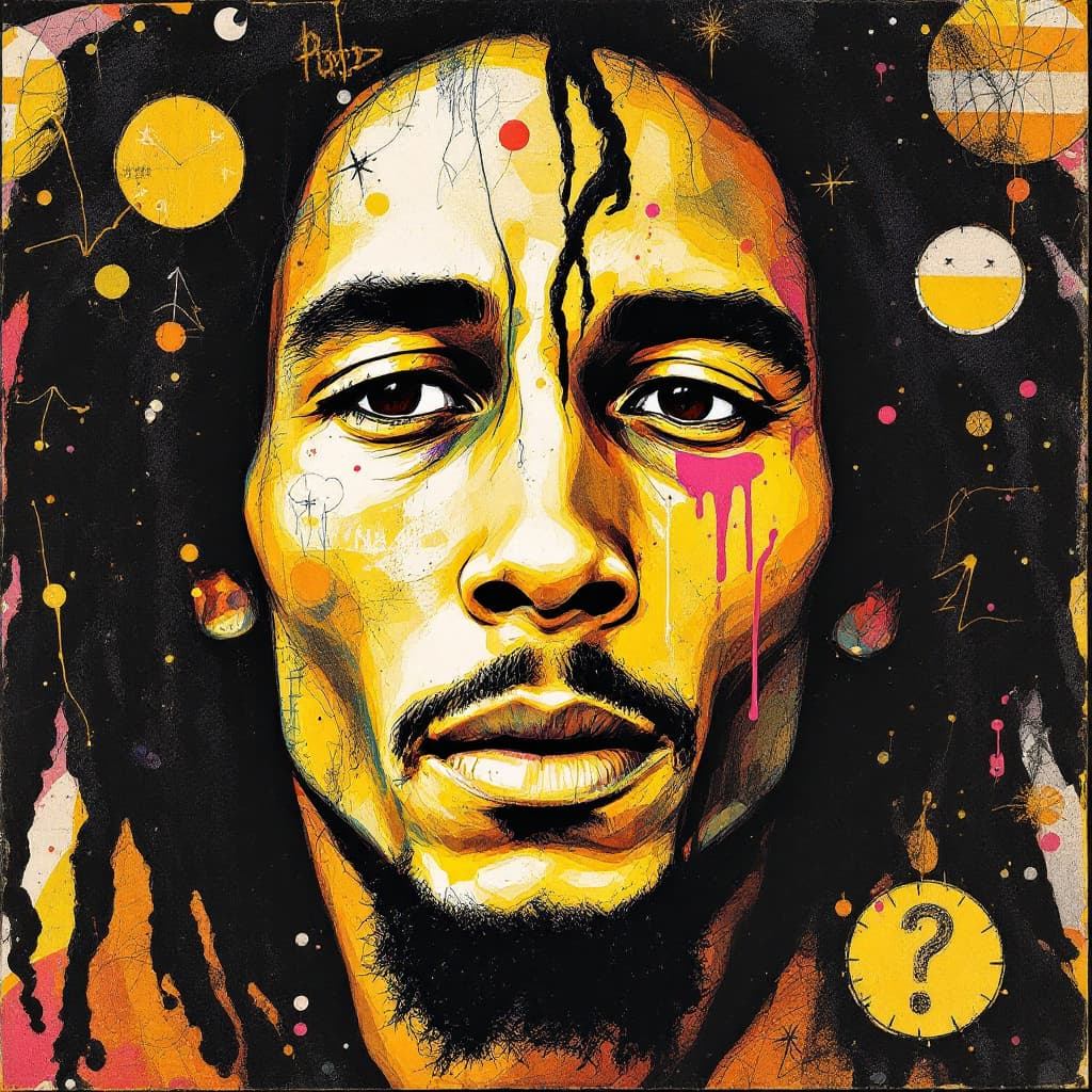 AI generated: A mixed media collage featuring Bob Marley famous singer  figure with expressive eyes, adorned in vi...
