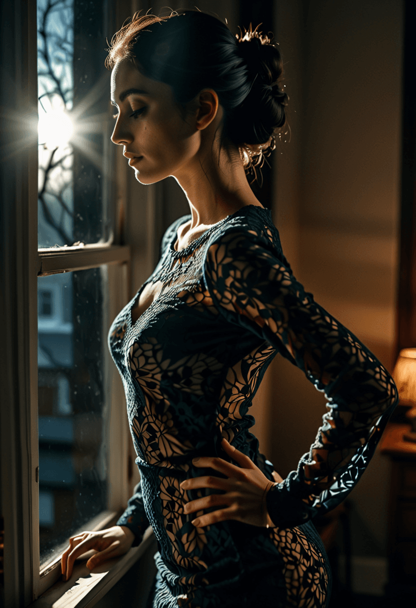 AI generated: photograph of a 26 year old woman with her long black hair pulled up in a low bun, from the side, li...