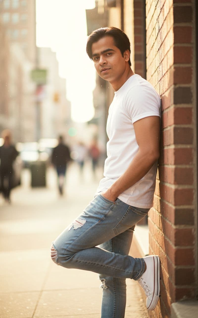 AI generated: a stylish young man with a lean, toned physique, brown eyes, black hair, casual wear, white T-shirt,...