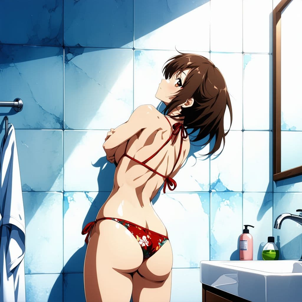 AI generated: Anime girl, wearing bikini, legs split wide open, big chest, in bathroom