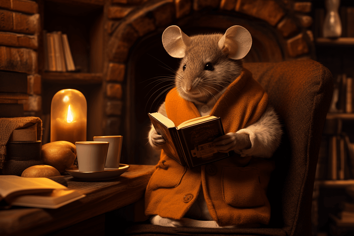 AI generated: a mouse wears clothes and reads a book, sits in a small armchair in a library, many bookshelves arou...