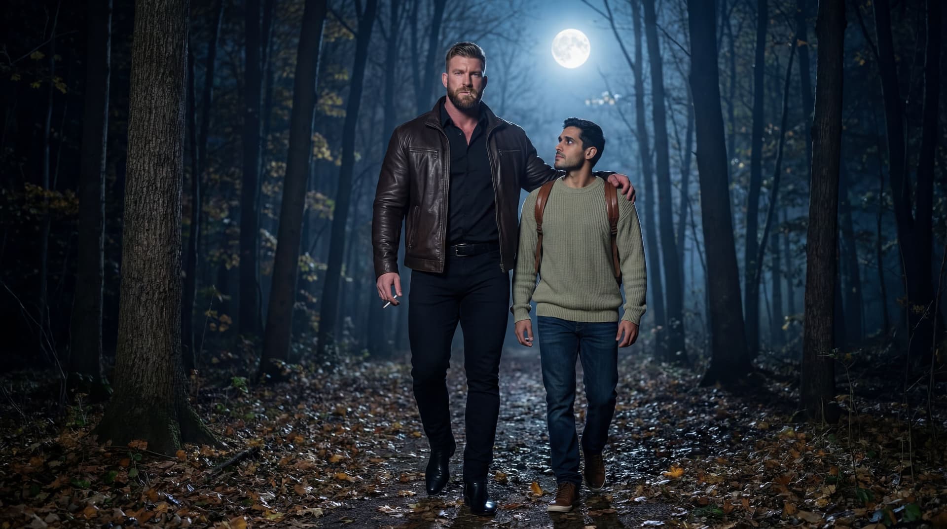 AI generated: On a Autumn night outside under a wooden area full of trees.

The bodybuilder is 6 feet and 7 inches...