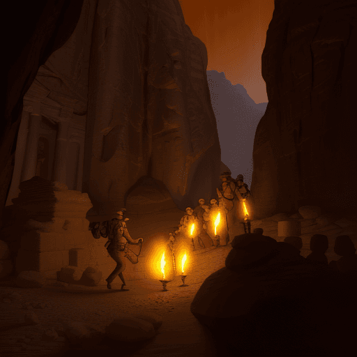 AI generated: exploration team holding lit torches entering ancient tomb of petra, stone, raised dias with magic p...