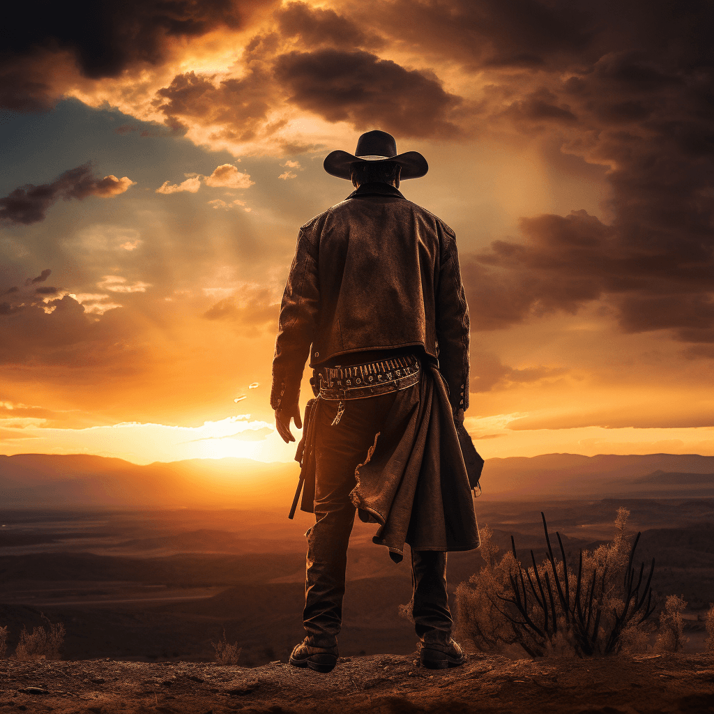 AI generated: cowboy looking at the sunset standing