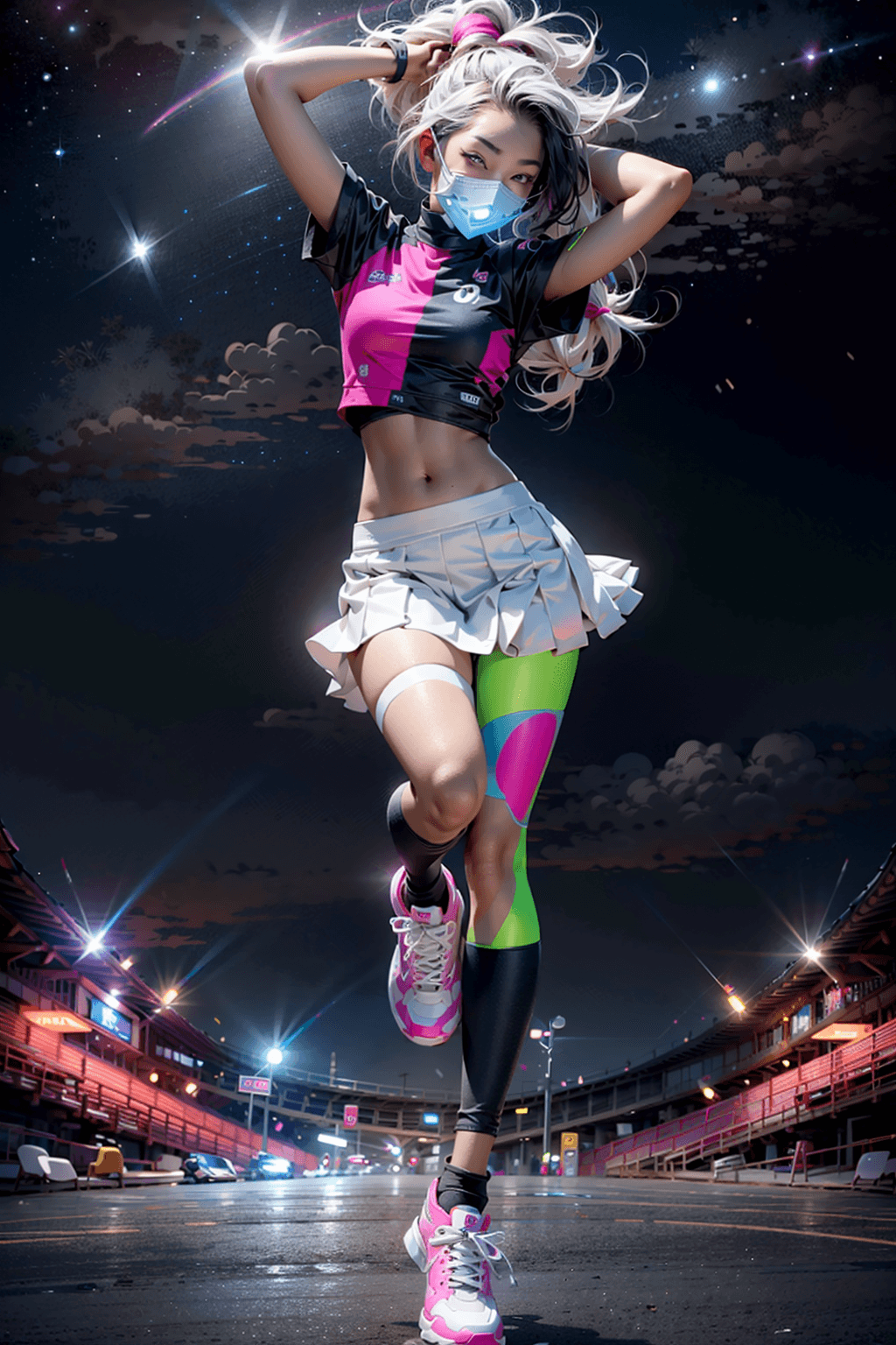 AI generated: blacklight, (beautiful young Korean woman, with white hair in a braided ponytail, wearing a white te...