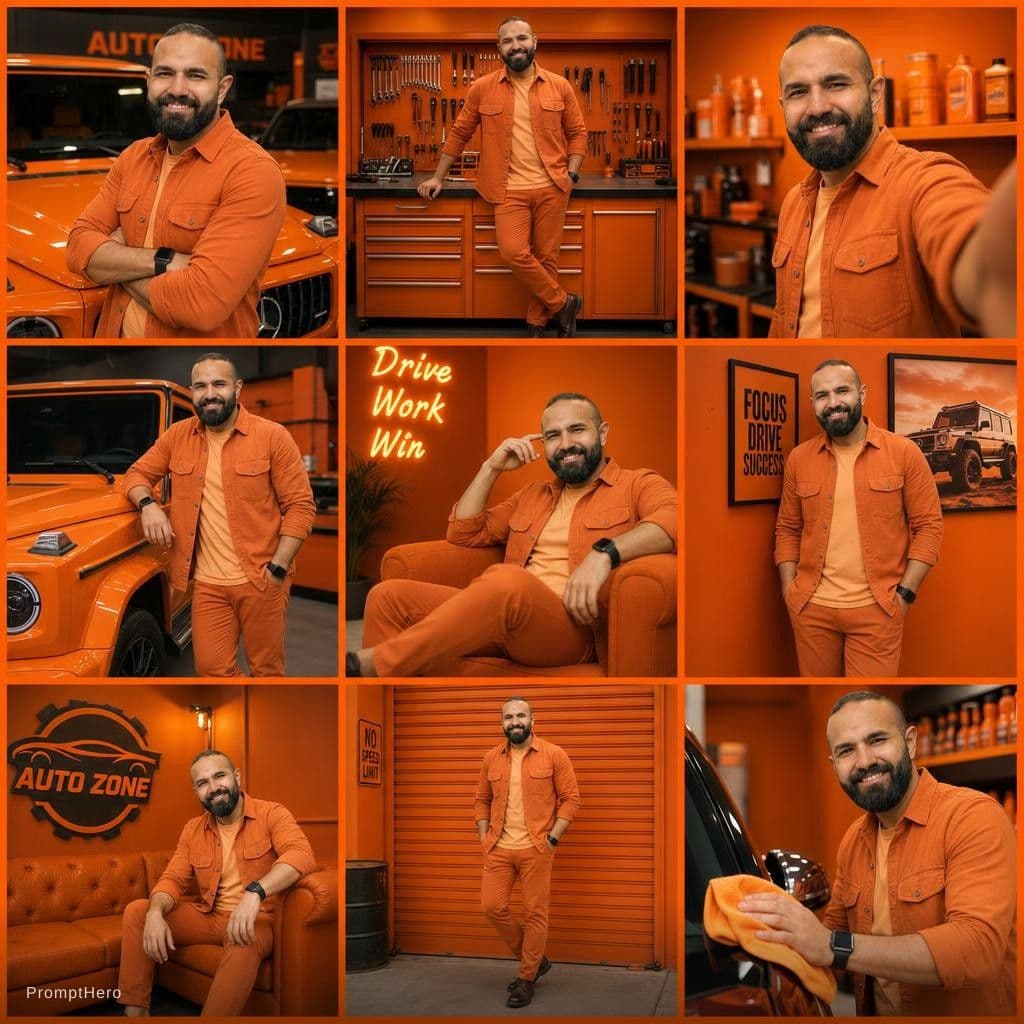 AI generated: A collage of 9 editorial-style photos with an orange color theme. The background, all objects, items...