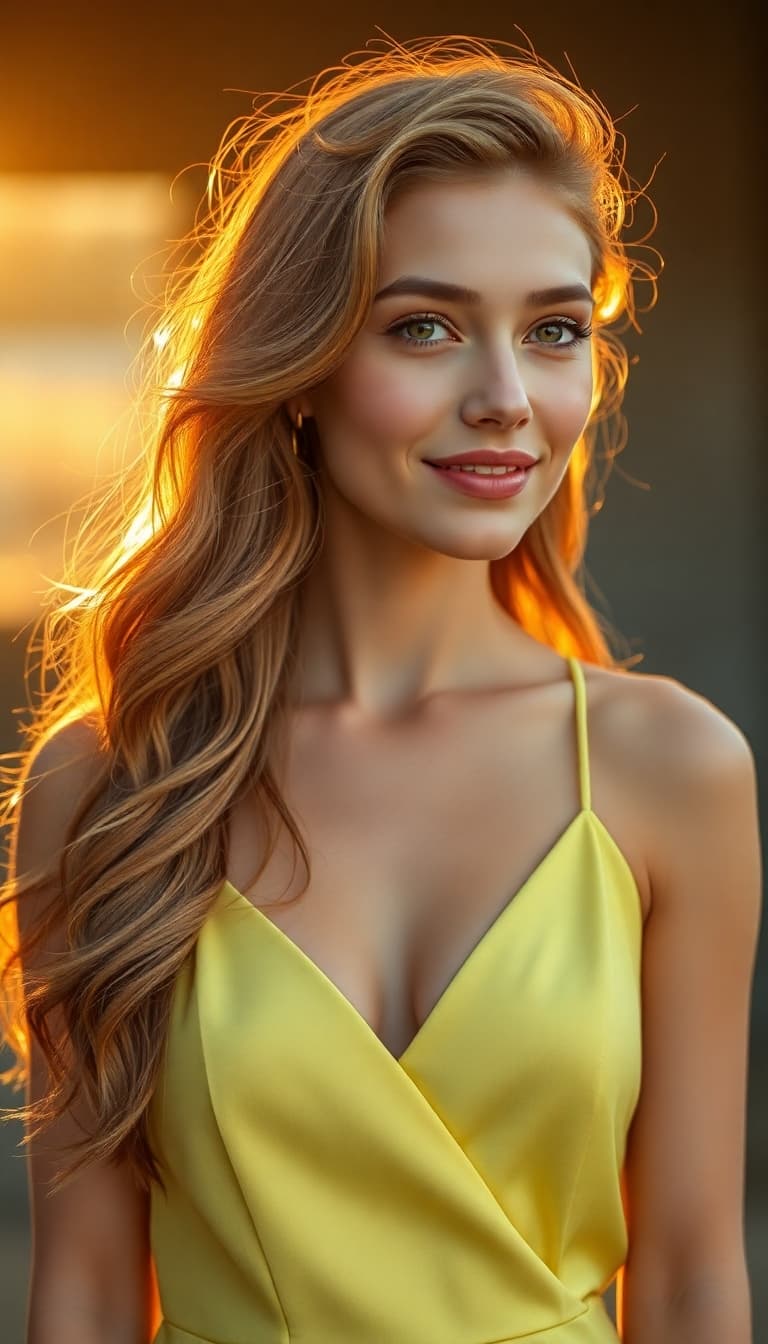 AI generated: "Fine art cinematic photography. Vertical full-body portrait, Warm golden hour image of a lithe supe...
