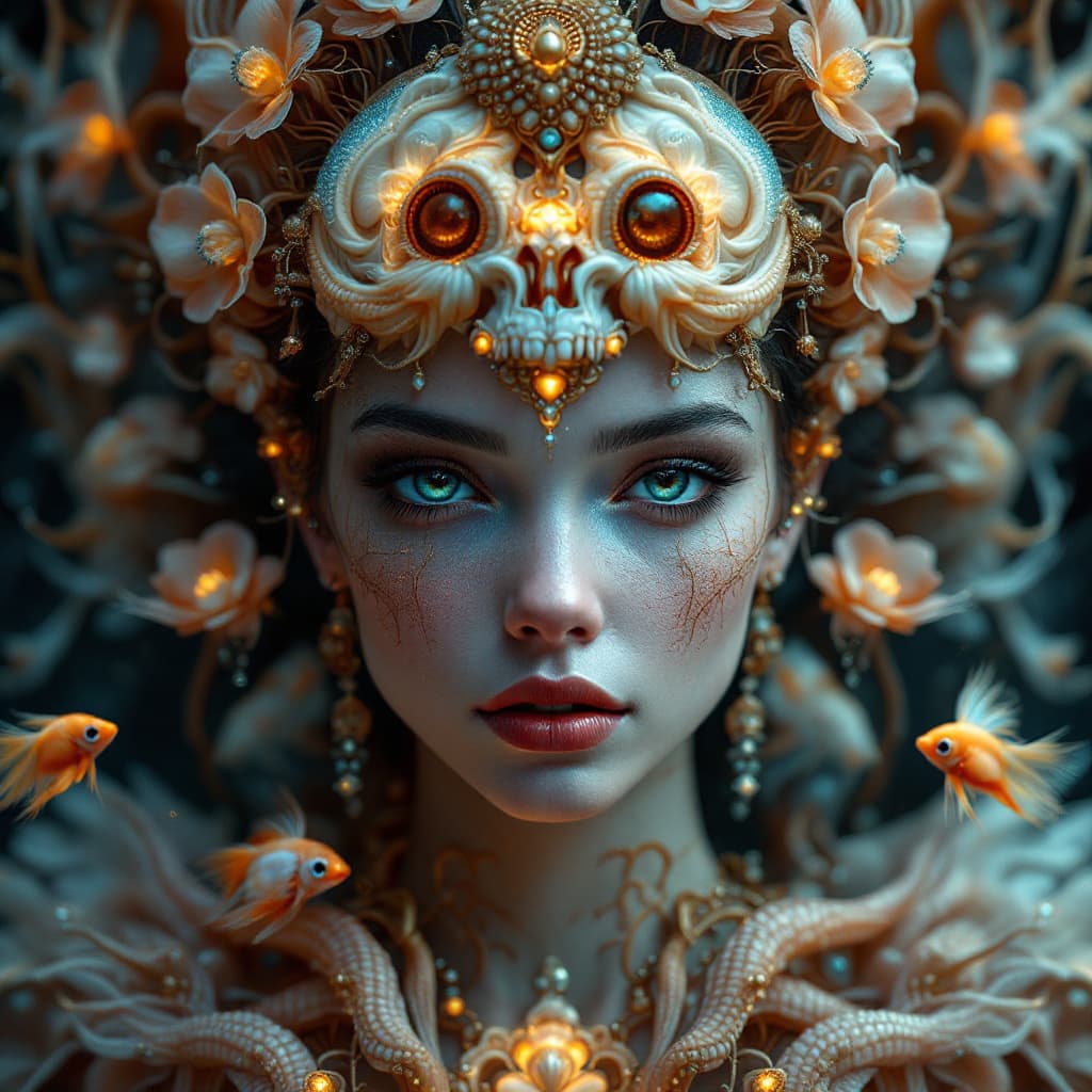 AI generated: Goddess close-up portrait ribcagel. jellyfish phoenix head, nautilus, orchid, skull, betta fish, bio...