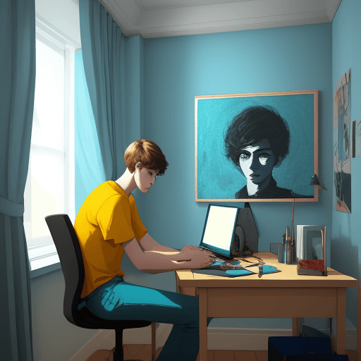 AI generated: young man, siting at computer in room, art style, 4 meters, dar colors