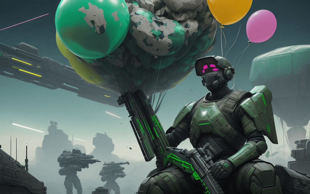 AI generated: brutal man warrior stands and holding a M41A Pulse Rifle in his hands, after the battle, sitting on ...