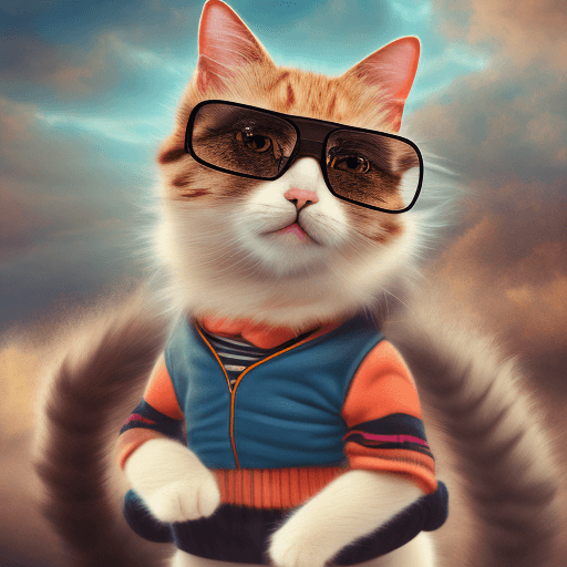 AI generated: Cats, in hipster style outfits, wearing sporty glasses, dynamic pose, dramatic sky, sunset, hyper-de...