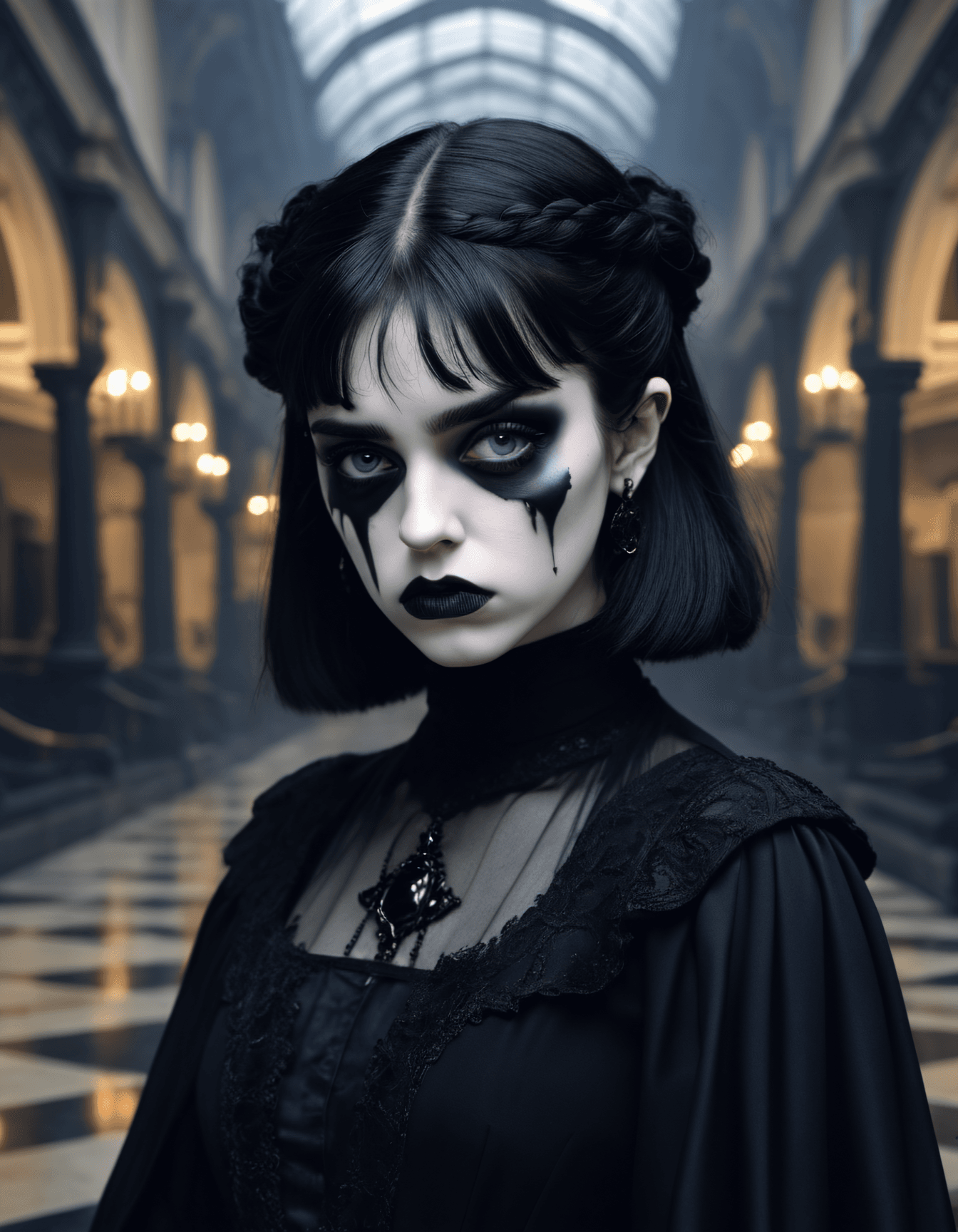AI generated: Masterpiece, Best Quality, 90s mall goth portrait , a teenage girl , Dark academia outfits, smokey e...
