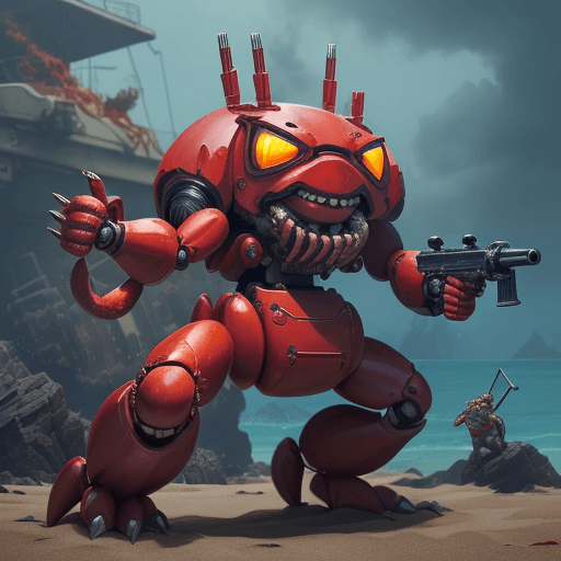 AI generated: A red crab with a detachable mechanical claw holding a machine gun, standing in a battle-ready pose....