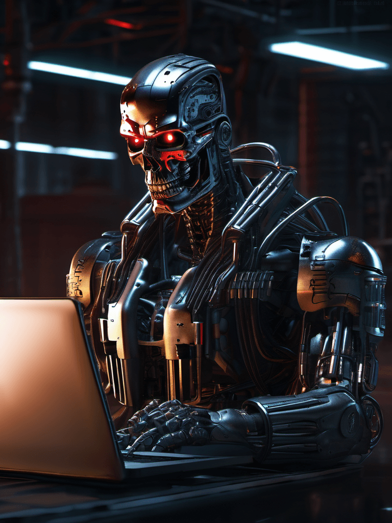 AI generated: a stunning digital illustration of a terminator t-800 (without human skin), typing on a laptop, volu...