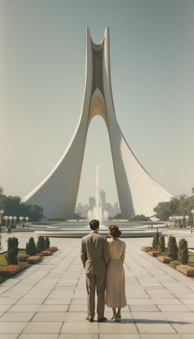 AI generated: A young couple from the 1950s stands in Tehran’s iconic **Azadi Square (formerly Shahyad Square)**, ...
