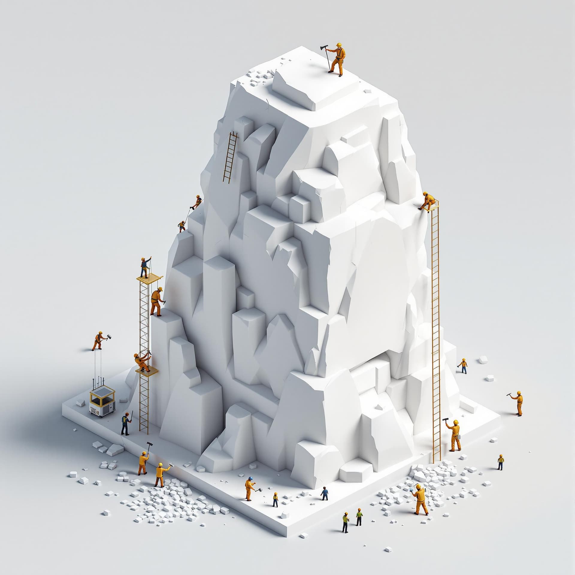 AI generated: A squared white eraser in an isometric environment, resembling a massive rock formation. Tiny micro ...
