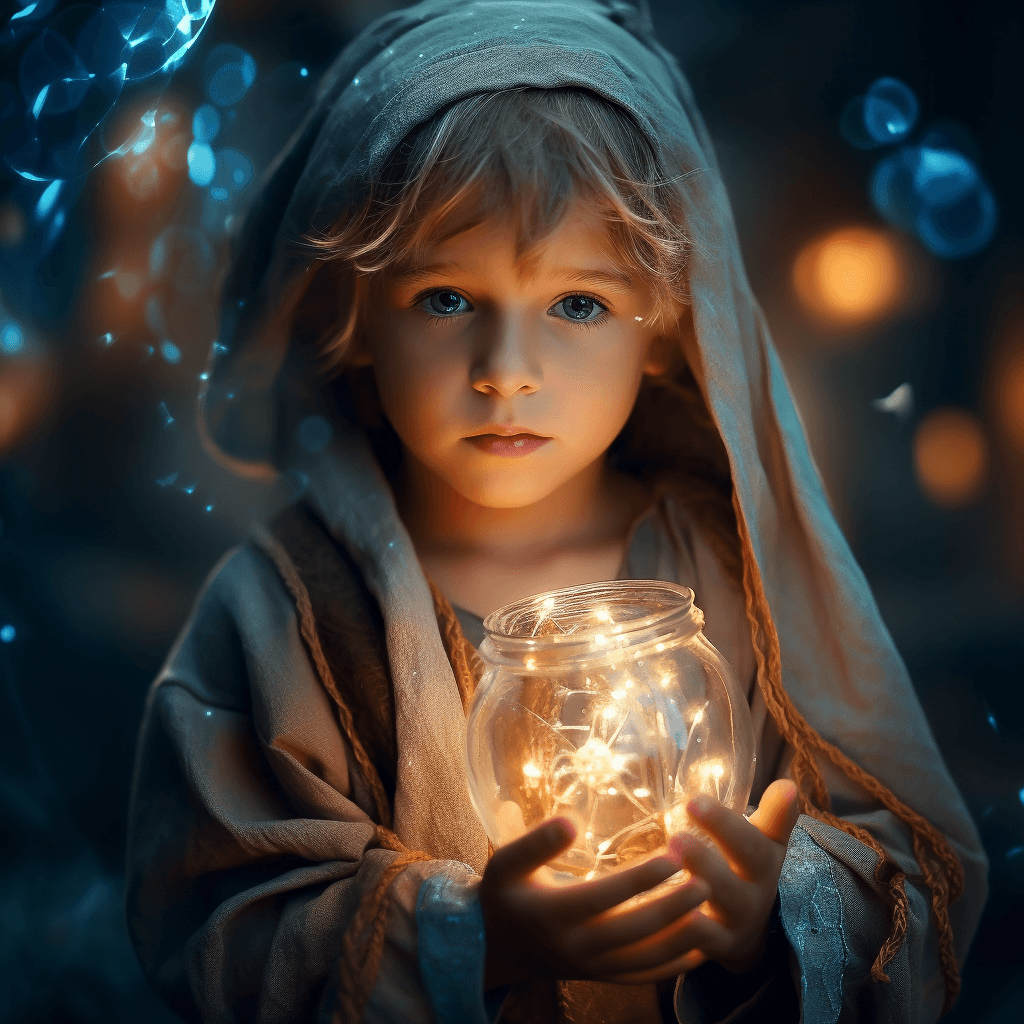 AI generated: beautiful magical little 5 years old boy in magical beautiful light clothes