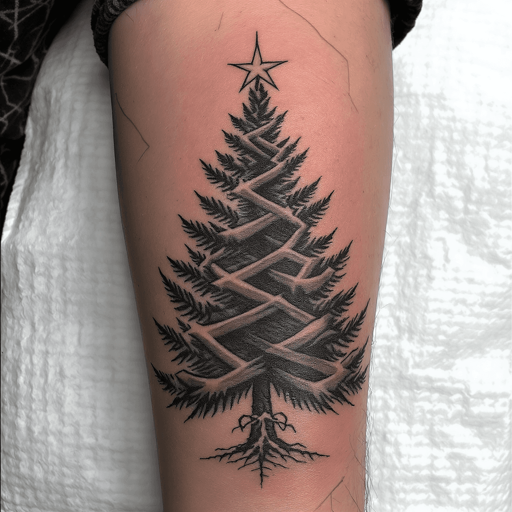 AI generated: men's brutalist  Christmas tree tattoo
