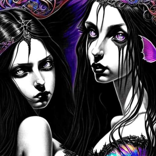 AI generated: Hyper realistic super detailed 3d scene of 5 gothic beautiful detailed mermaids with gigantic humong...