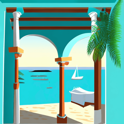 AI generated: Looking out on turquoise sea from a traditional Greek house, vector graphics image