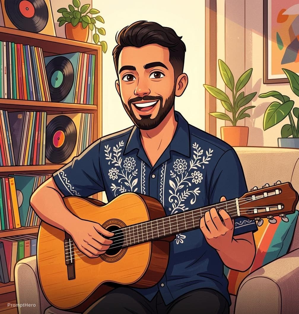 AI generated: A picture of a man wearing a decoratively embroidered button-up shirt and playing a classical guitar...
