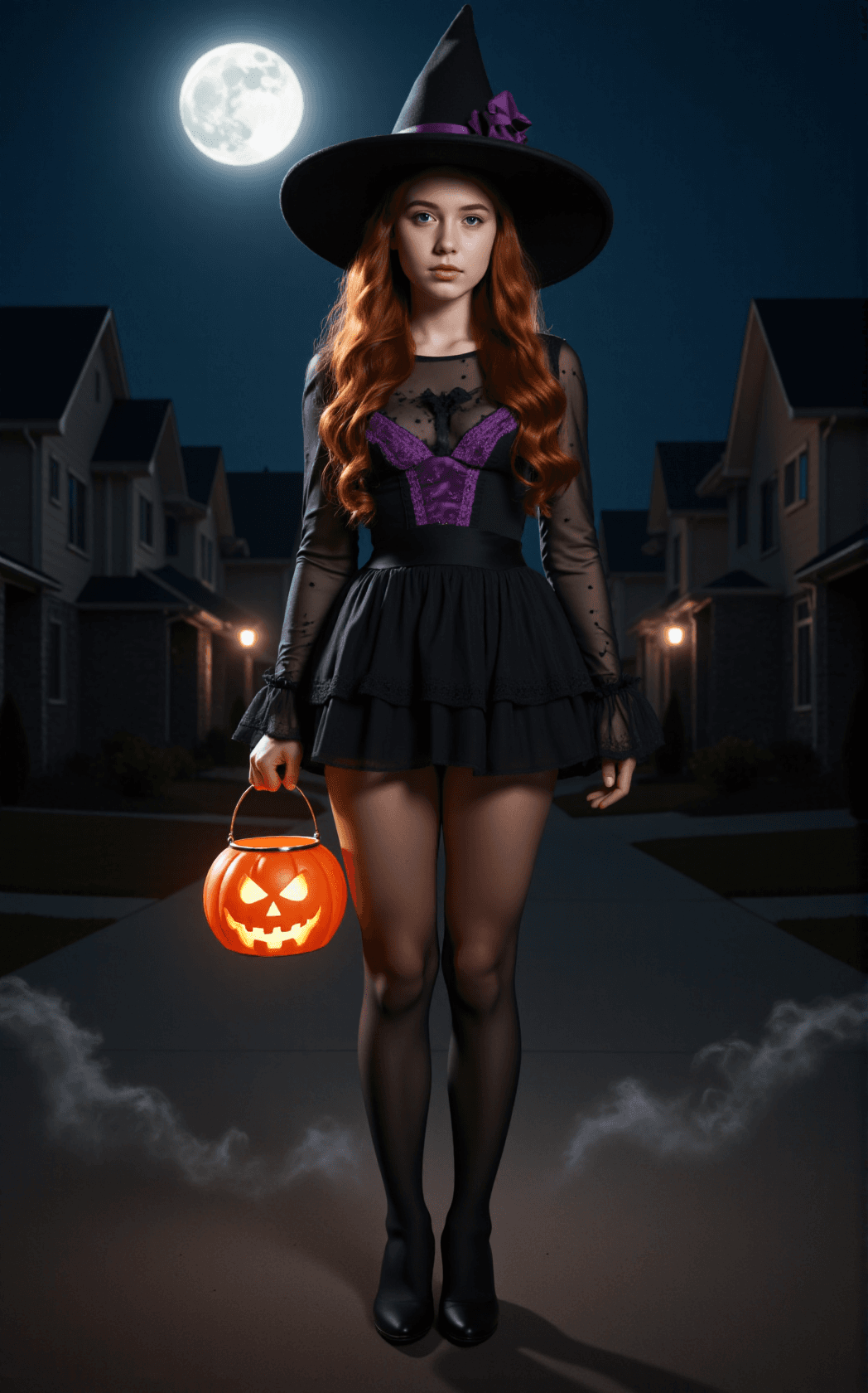 AI generated: A young female stands confidently under the eerie glow of a full moon on a quiet suburban street, he...