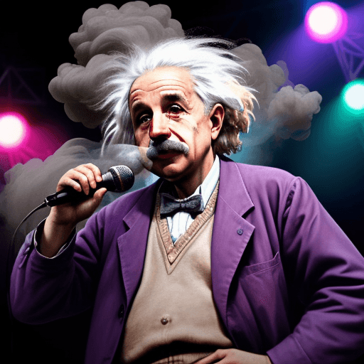 AI generated: Famous Albert Einstein, holding a microphone and singing at an heavy metal music festival, colorful ...